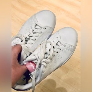 Adidas white sneakers, pink-blue logo tie-dye accent, Sz 9